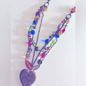 Necklace Scrollwork Brass Heart Locket,opens, Lia Sophia jewel tone glass beads